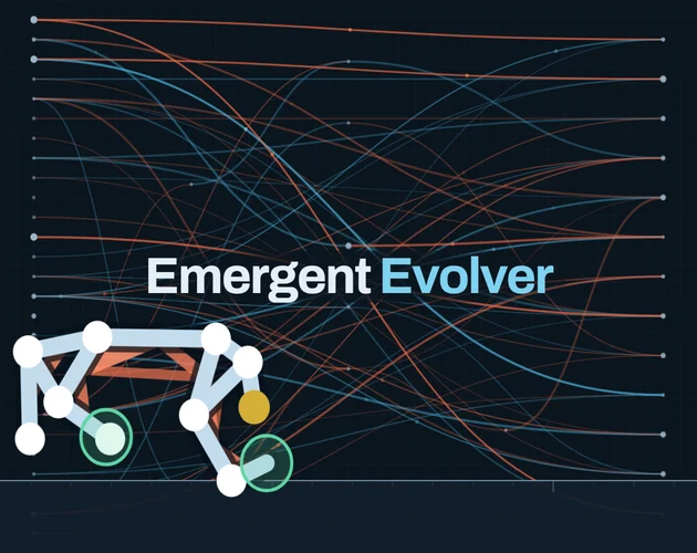 Emergent Evolver key art - a jointed creature below the title, over a tangle of plotted neural-network curves