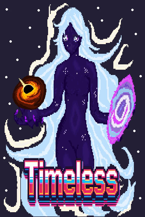 Timeless key art - a star-lit figure holding a black hole in one hand and a galaxy in the other, above the Timeless logo