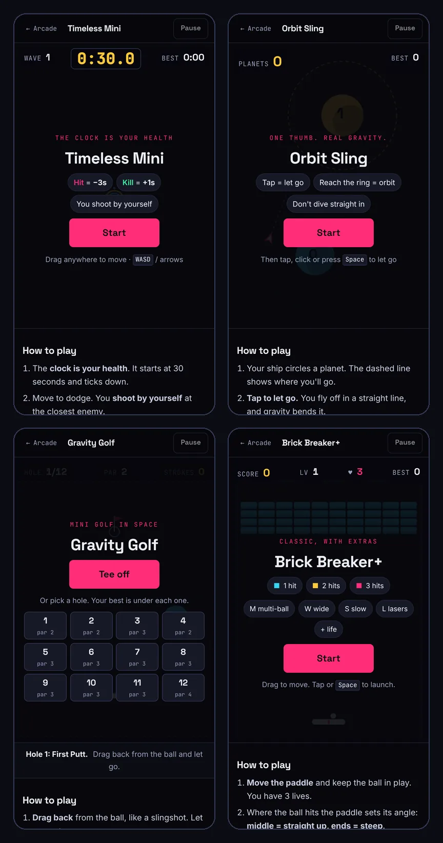 Four phone screens from the Arcade: the title screens of Timeless Mini, Orbit Sling, Gravity Golf with its twelve holes, and Brick Breaker+