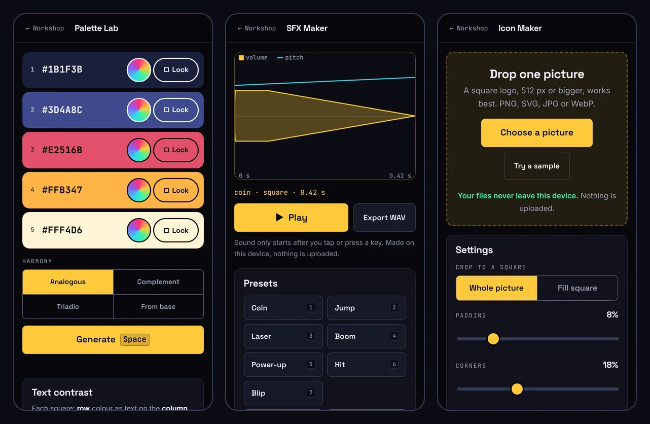 Three phone screens from the Workshop: Palette Lab with five colour swatches and lock buttons, SFX Maker showing a sound wave with presets like Coin, Jump and Laser, and Icon Maker asking you to drop in a picture
