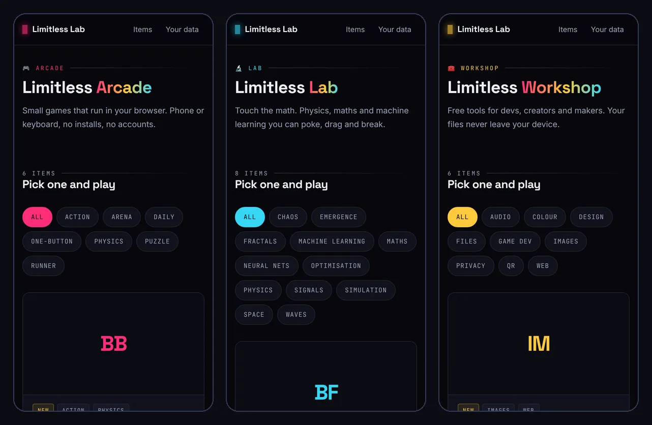 Three phone screens side by side: the home pages of Limitless Arcade, Limitless Lab and Limitless Workshop, each with a short intro, tag filters and a list of items to pick