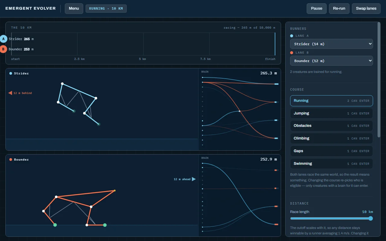 Two creatures racing, each with its neural network drawn beside it