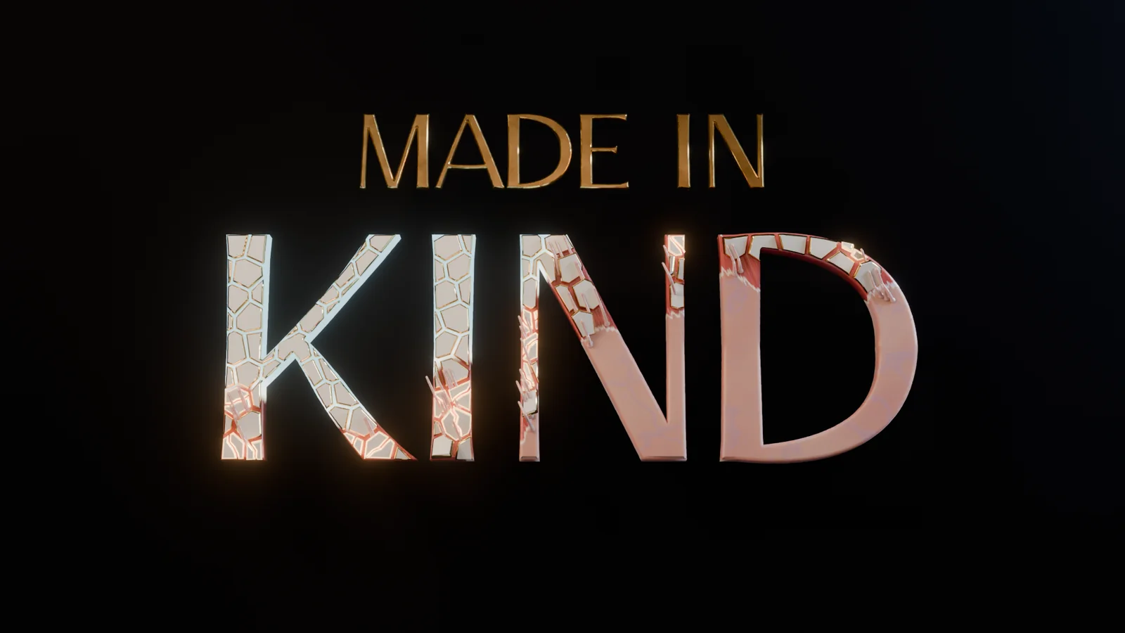 The Made in Kind logo: MADE IN in gold above the word KIND, its letters half white ceramic cells and half pink flesh, fighting over the word