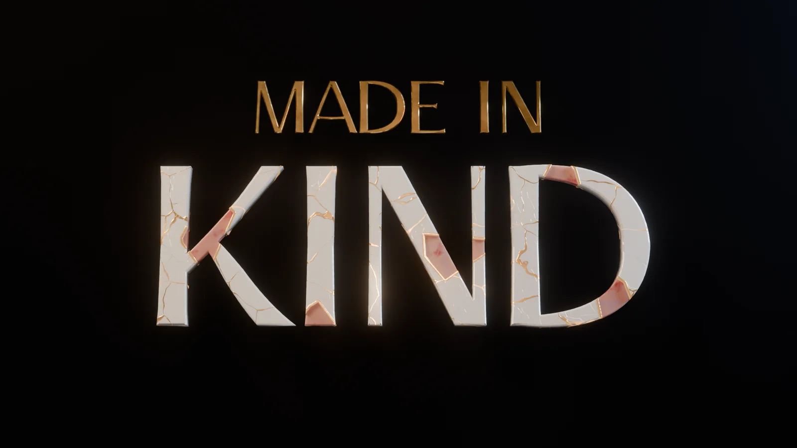 The everyday Made in Kind logo: KIND in white ceramic, cracked and mended with gold and pink, like kintsugi pottery