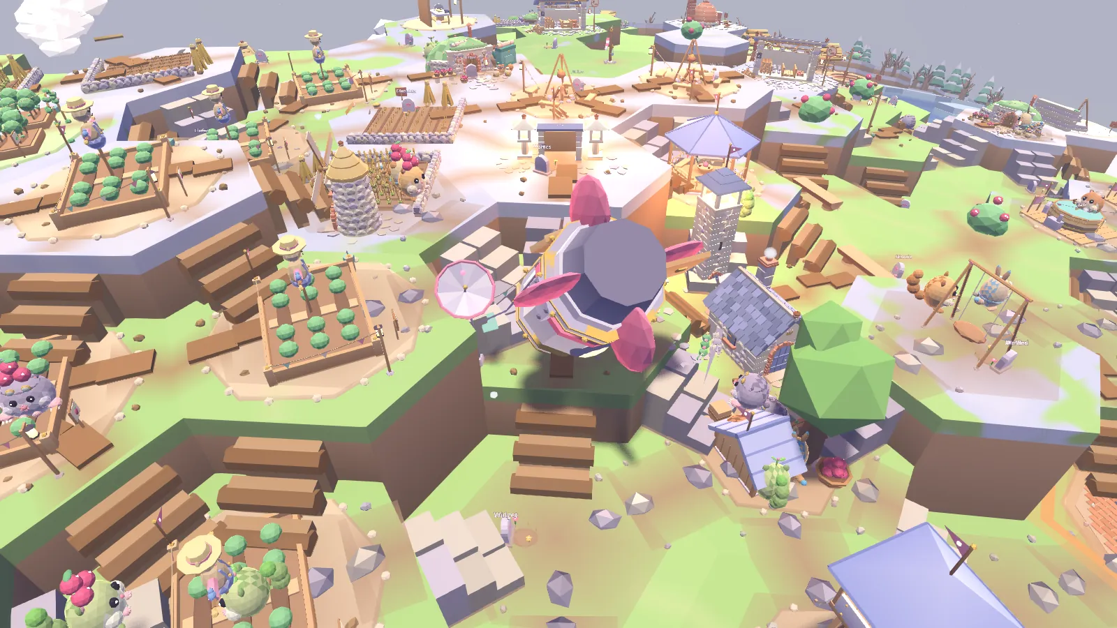 A close look at a snowy Chipler colony: little round Chiplers between berry gardens, wooden stairs, a lookout tower, a swing set and the crashed pink rocket