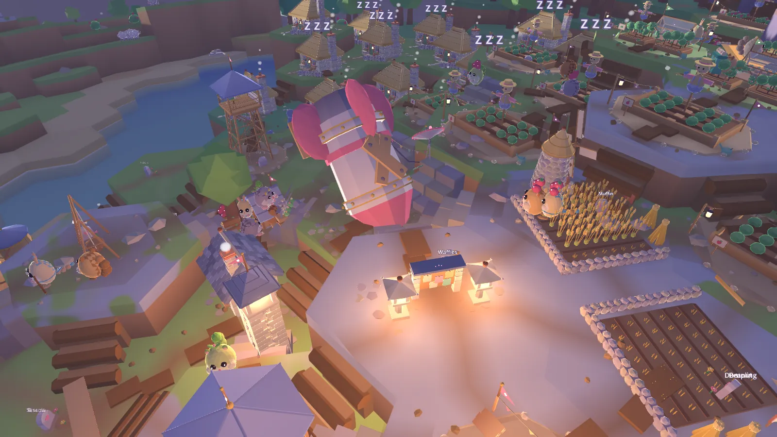 The colony in the evening: lanterns glowing on a stone plaza, rows of thatched cottages and gardens, and sleepy Zzz bubbles over the homes