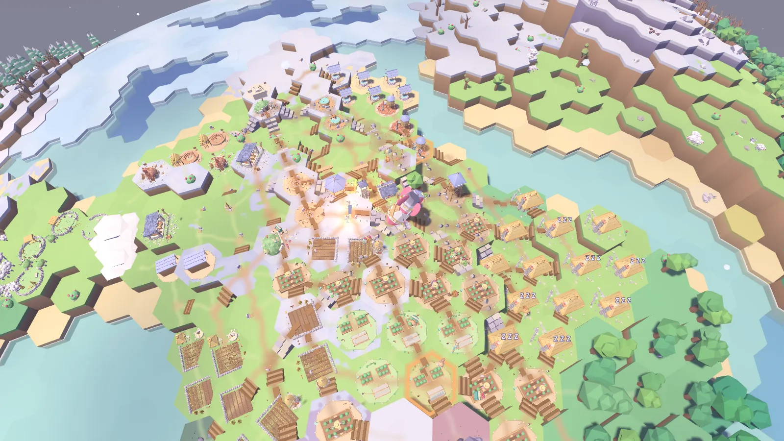 A wide view of the colony spreading across the curve of the planet: farms, homes and paths on green hex tiles, with sea, sand and snowy mountains around it
