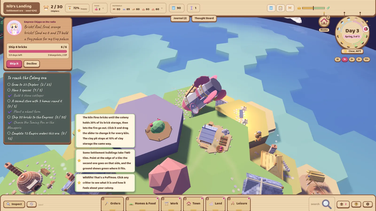 The game screen with its wooden UI: the Empress's order for 6 bricks with Ship it and Decline buttons, a chalkboard of era goals, a day clock, and a small colony around the rocket