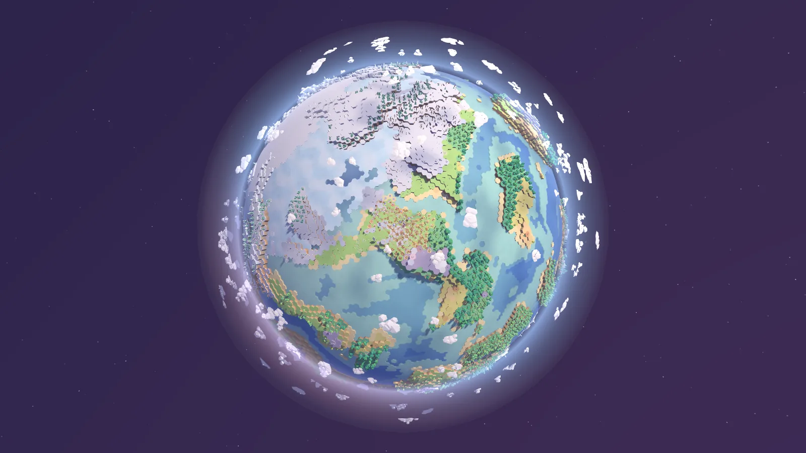 A tiny round planet made of pastel hex tiles, floating in a purple sky: blue seas, green forests, snowy peaks and a ring of puffy clouds, with a little colony on one side