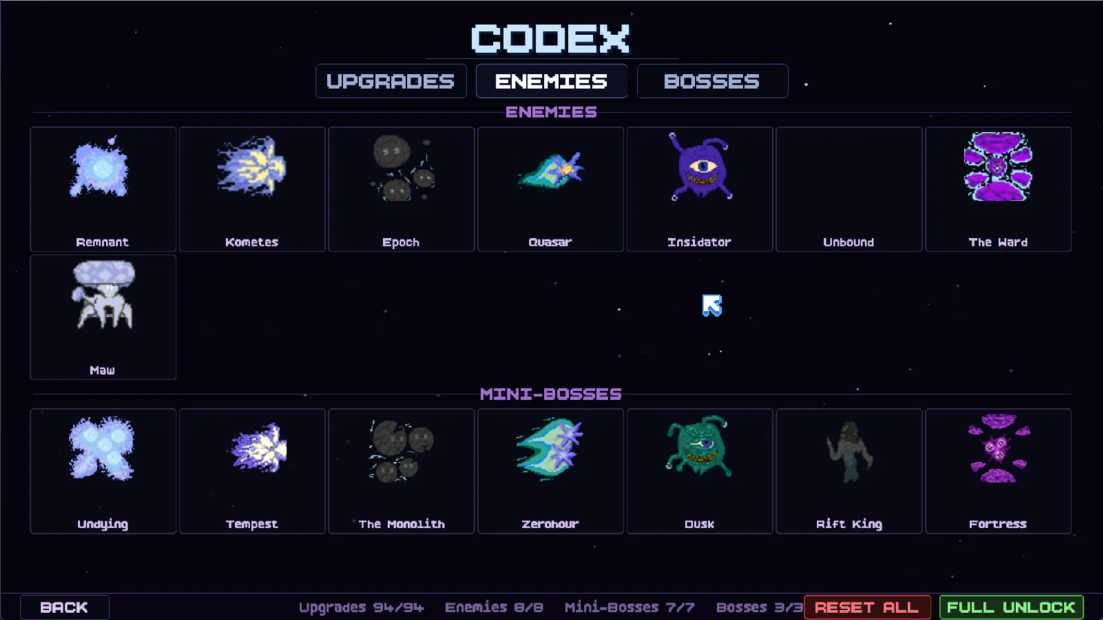 The Codex enemies page showing every enemy and mini-boss