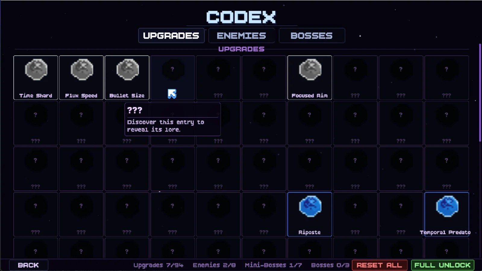 The Codex upgrades page, mostly still locked