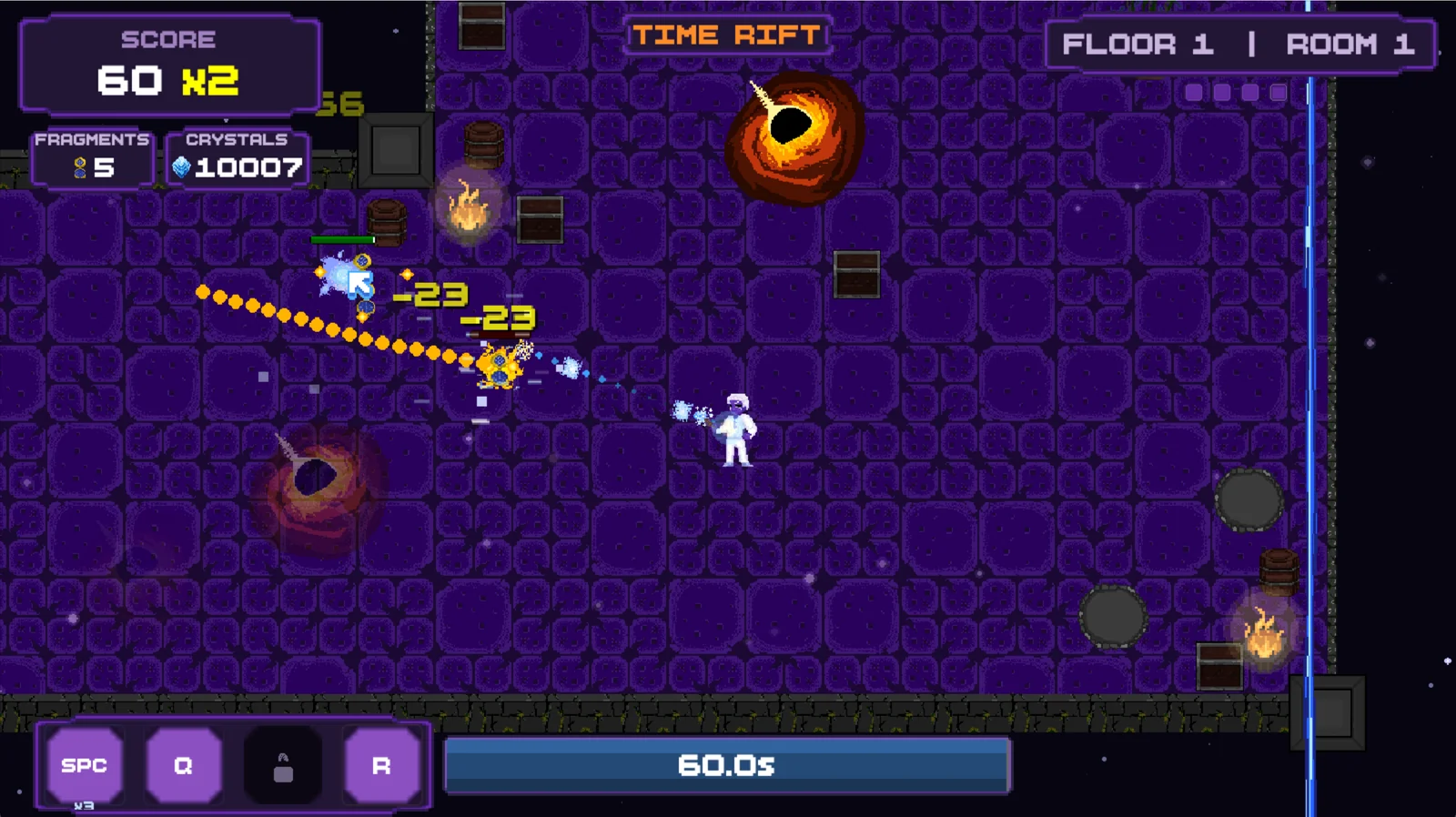 Floor 1, a Time Rift room - the player fighting among black holes with the timer bar at the bottom