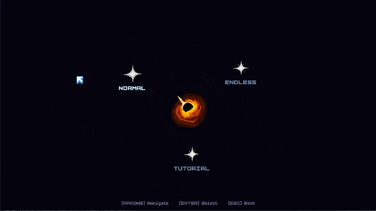 Mode select - Normal, Endless and Tutorial orbiting a black hole