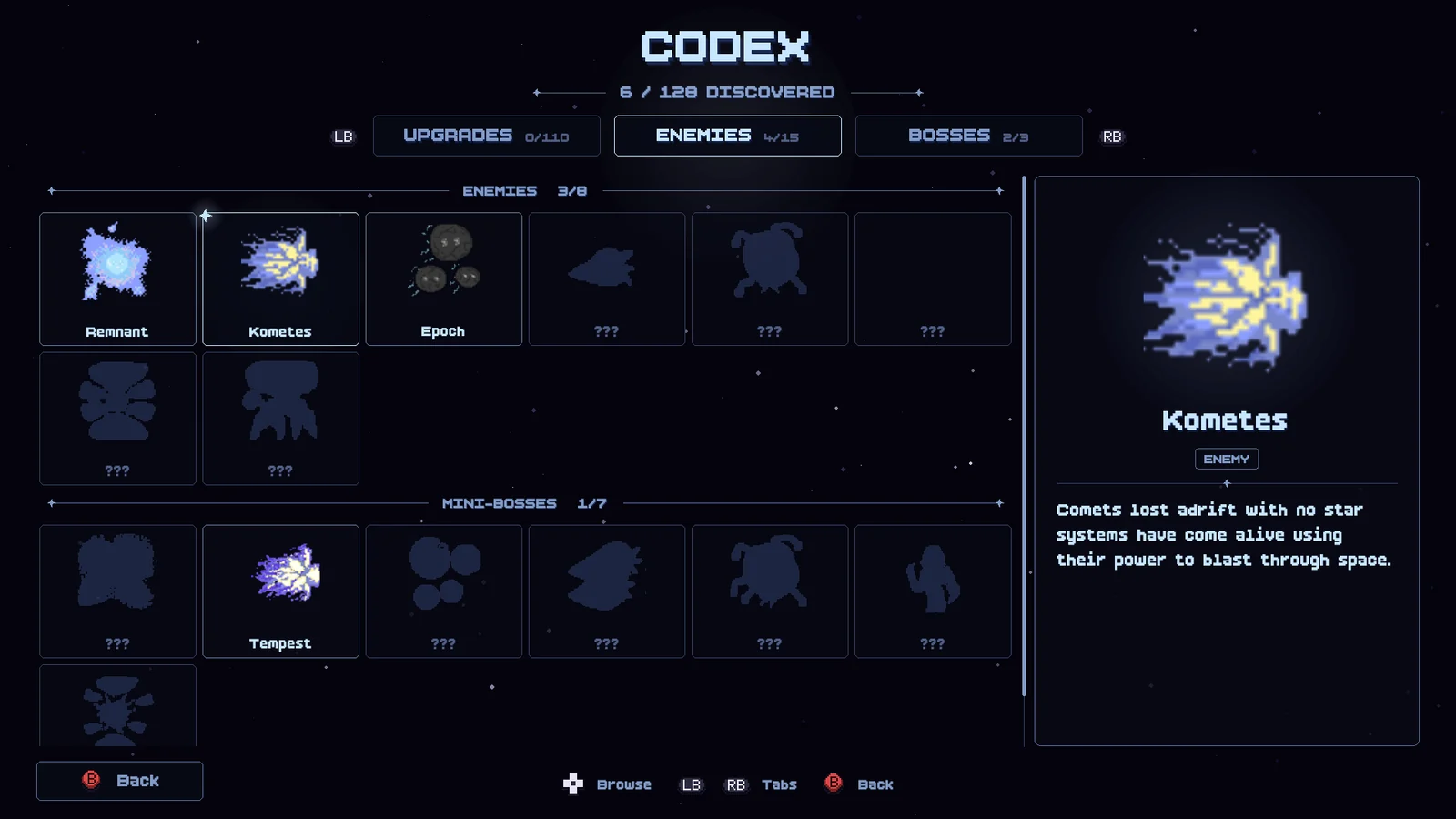 The Codex on the Enemies tab: found enemies drawn in full, undiscovered ones as dark silhouettes, and a detail pane for the selected enemy