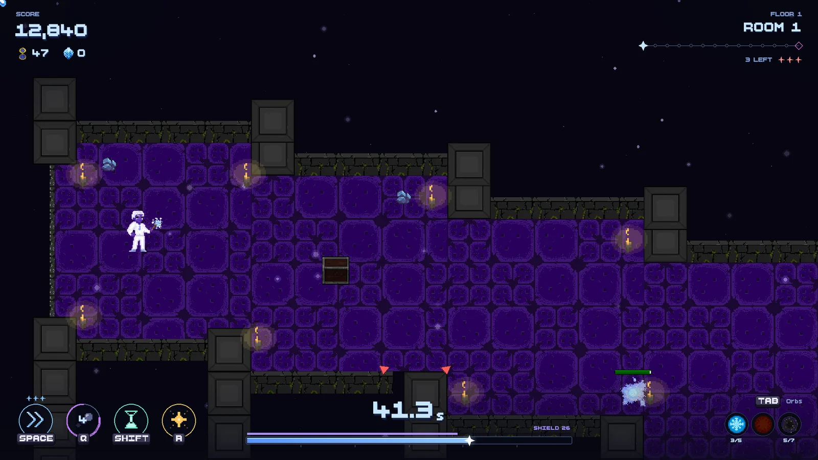 A Timeless run with the new HUD: score and fragments top left, the room track of little stars top right, ability icons bottom left, and the time bar along the bottom