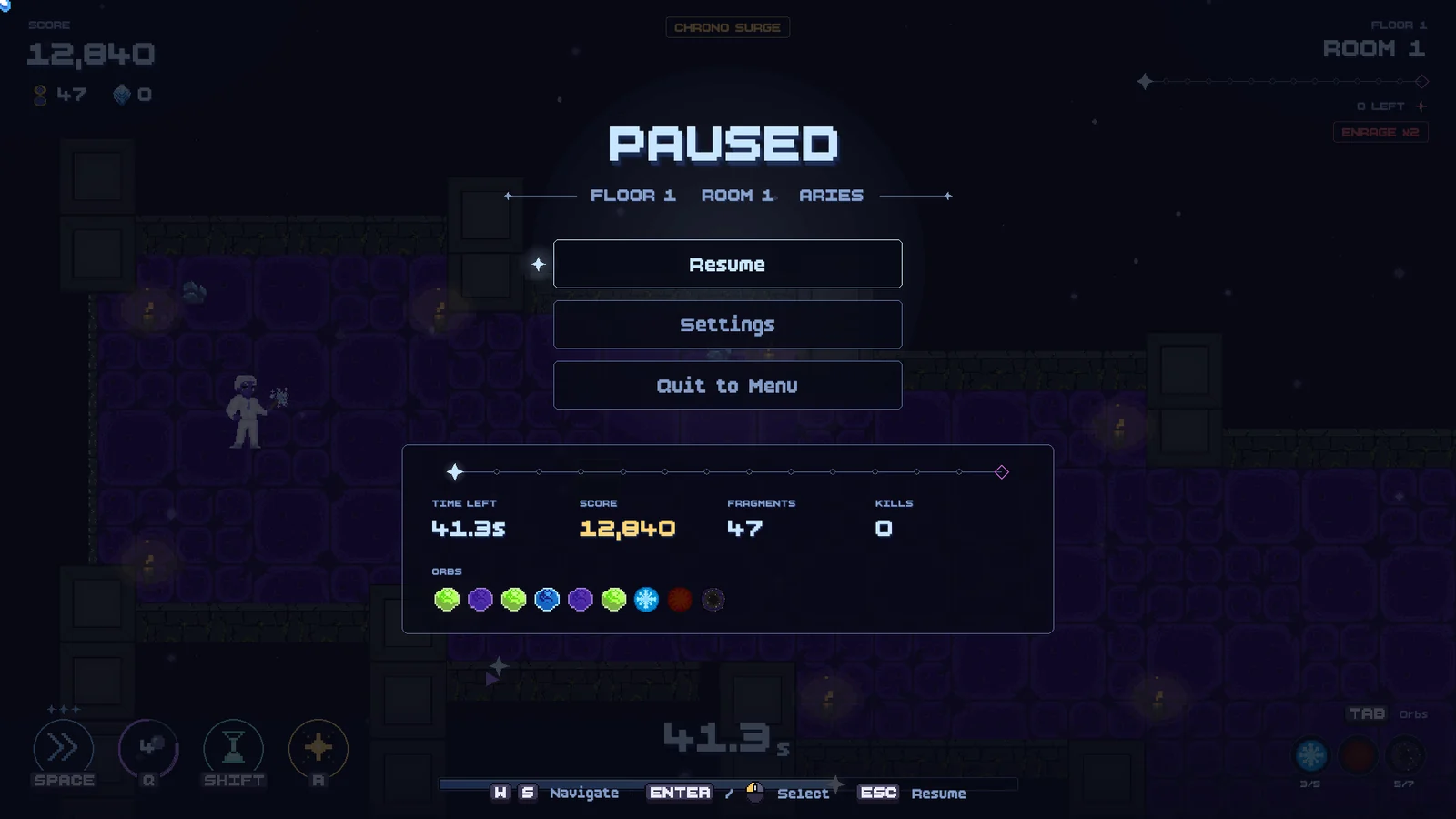 The pause menu over a dimmed run, with Resume, Settings and Quit to Menu above a run summary showing time left, score, fragments, kills and the orbs collected