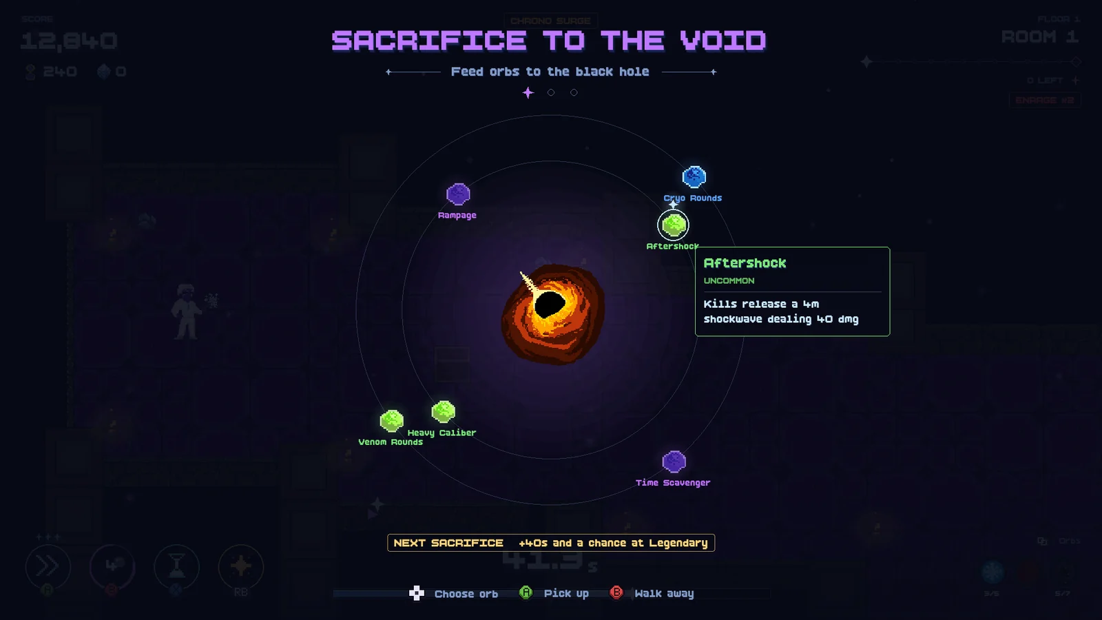 Sacrifice to the Void: orbs orbit a black hole, one is selected with its detail card open, and the controller button prompts sit along the bottom