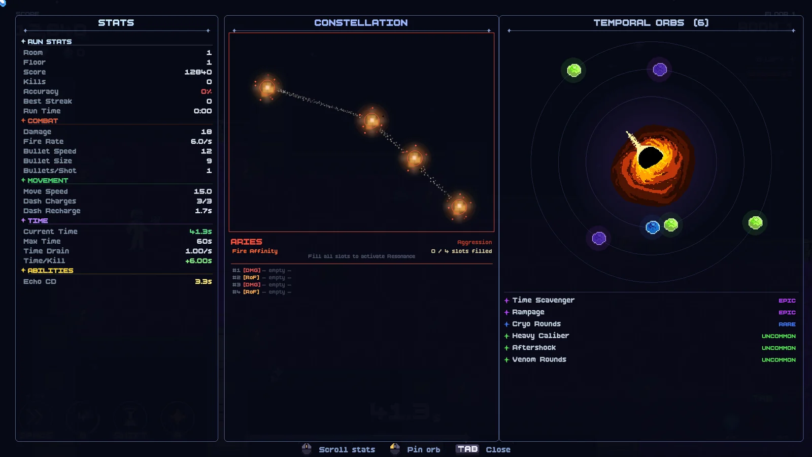 The Tab menu: run stats on the left, the zodiac constellation in the middle, and the orbs circling a black hole on the right