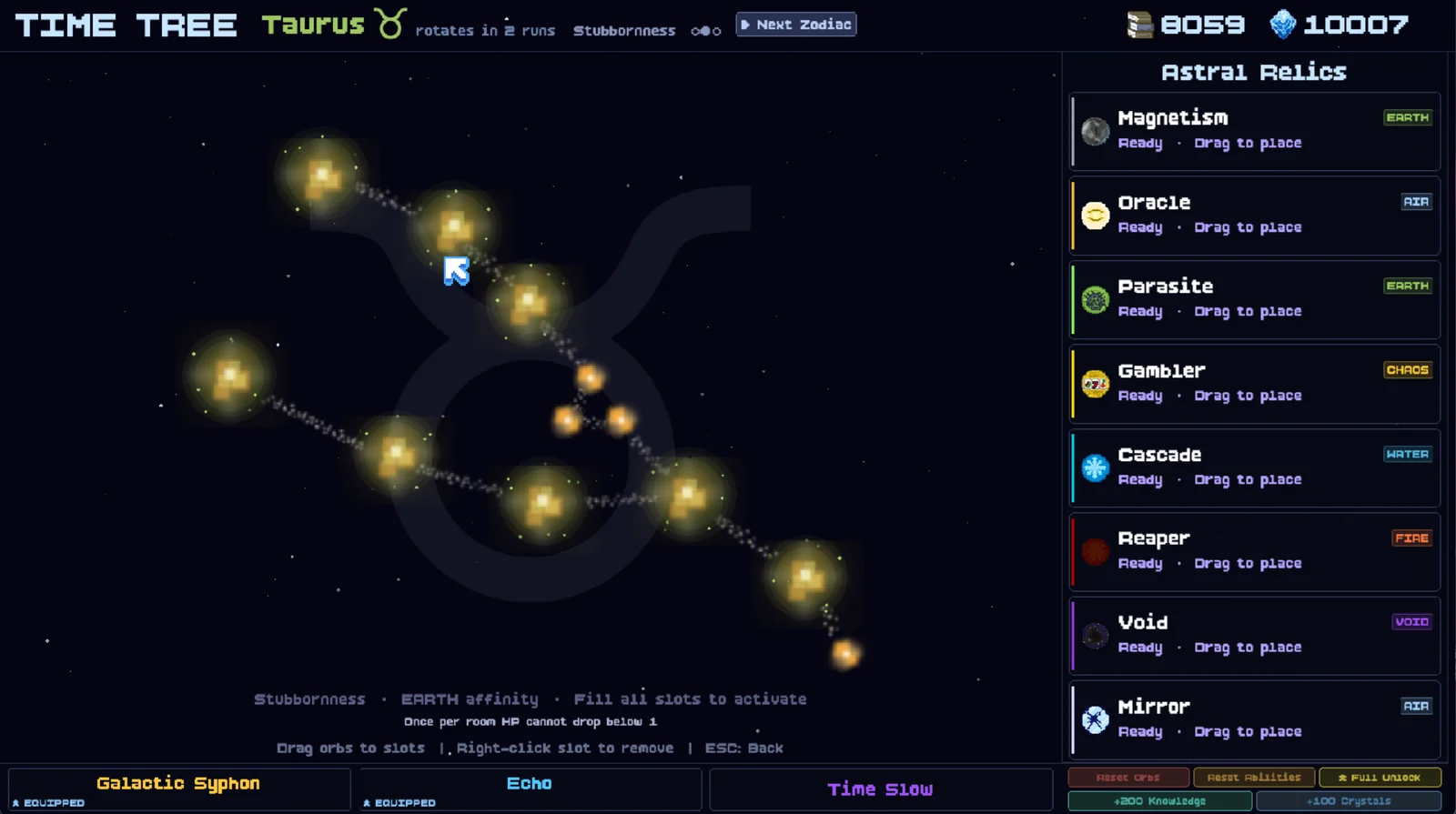 The Time Tree - the Taurus constellation with orb slots and a list of Astral Relics
