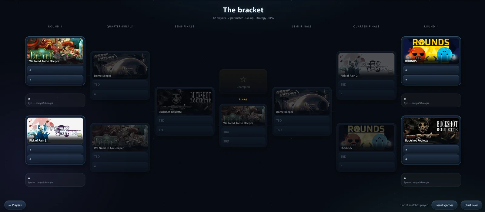 A full tournament bracket of games