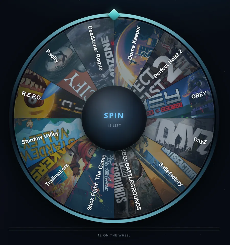 Close view of the wheel, each slice a game with its cover art