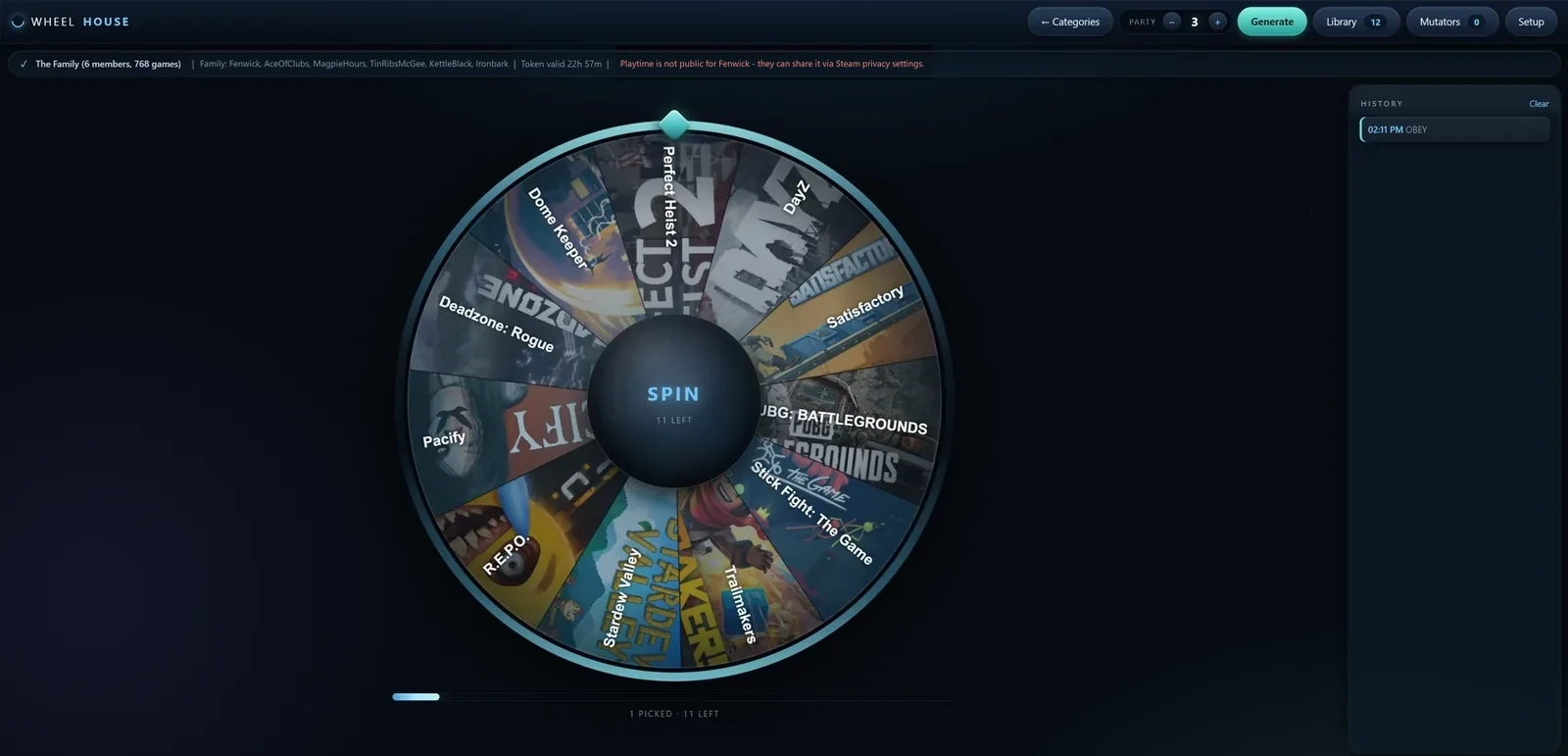 The wheel loaded with twelve games, party size set to three, spin history down the right